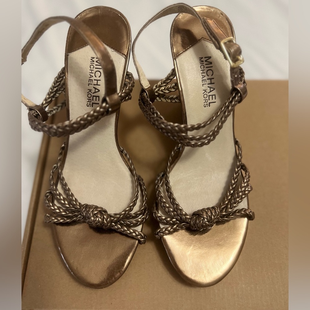MICHAEL KORS Bronze Braided Platform Wedge Sandals